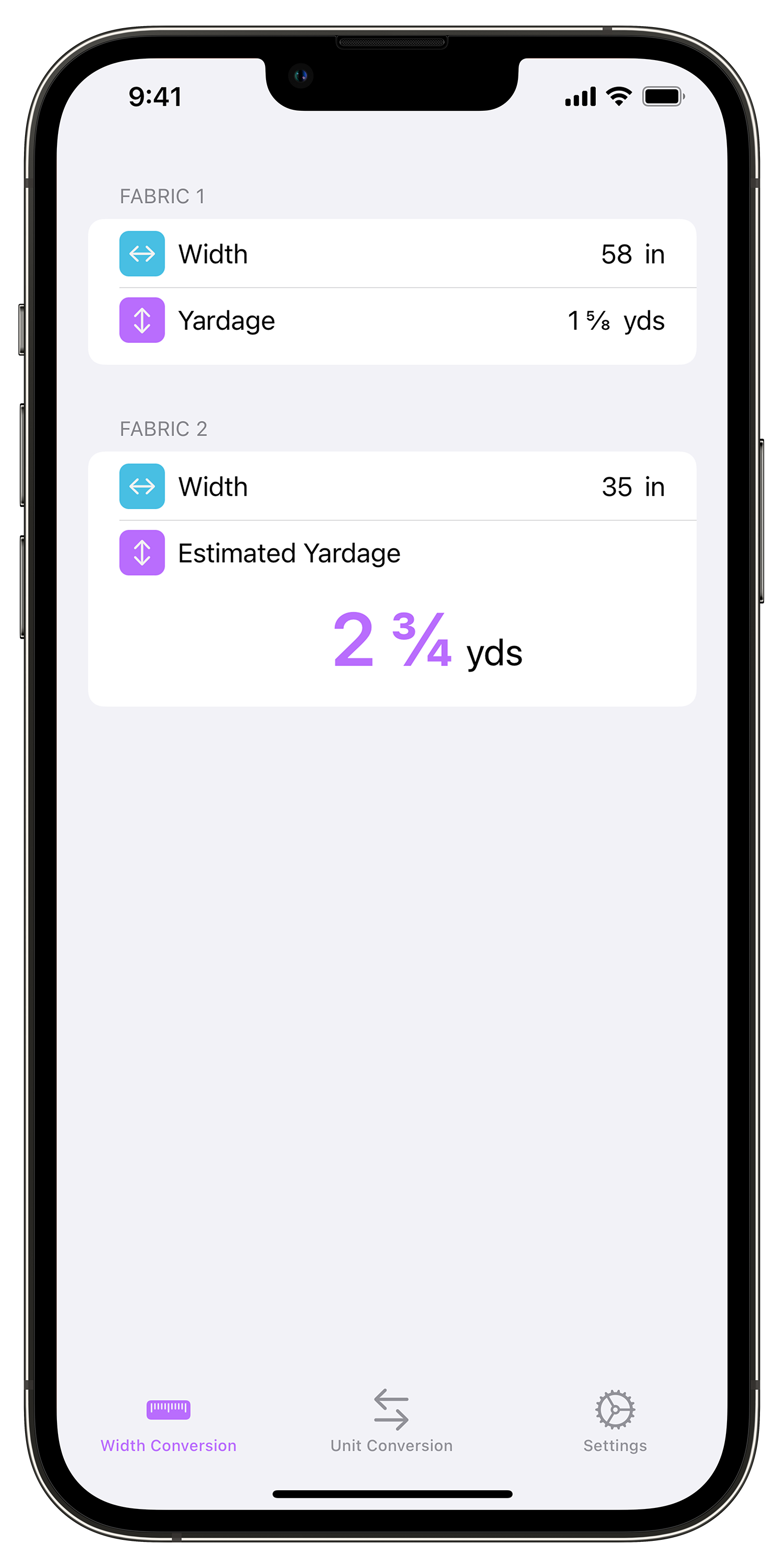 Yardage Calc 2 - Fabric Width Conversion - Imperial Mode