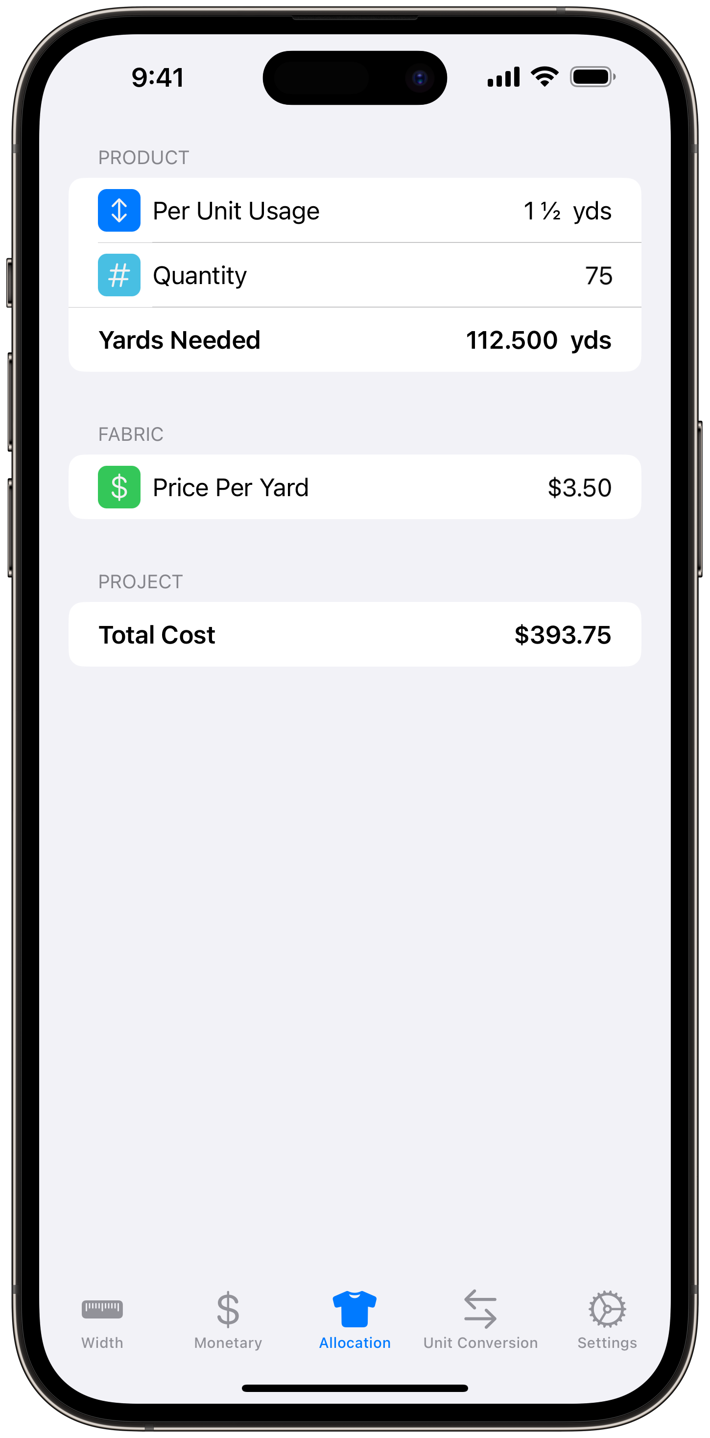 Fabric Calc - Allocation - USD