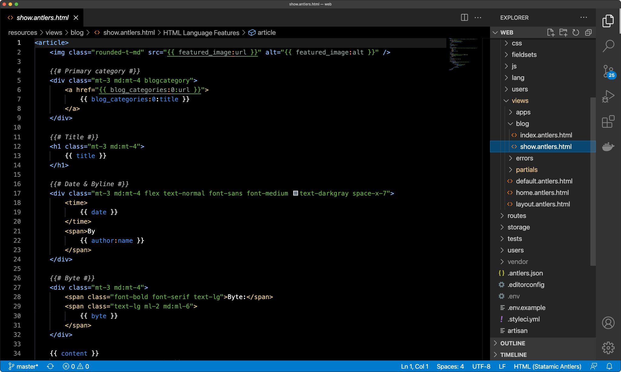 Coding an Antlers template in Visual Studio Code